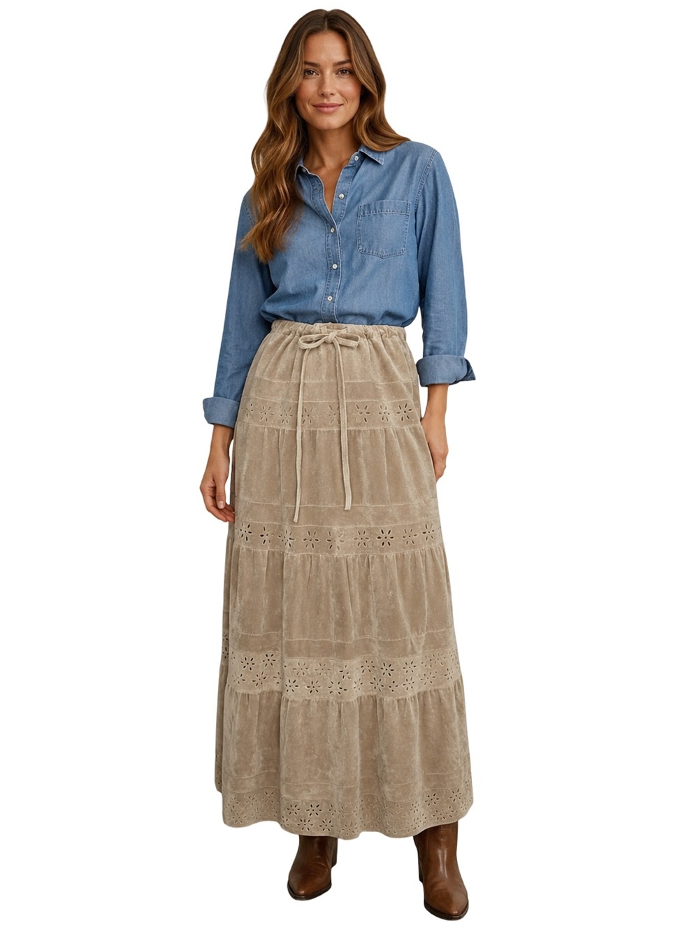 Margaret Godfrey Vintage Suede Maxi Skirt Size 6 Beige Laser Cut Floral Tiered